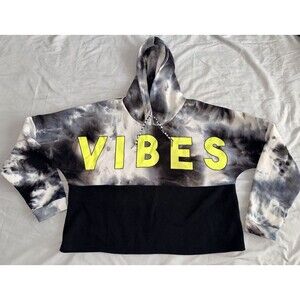 Justify Vibes Logo Tie-Dye Black Gray Fleece Pullover Crop Hoodie Juniors XL/1X